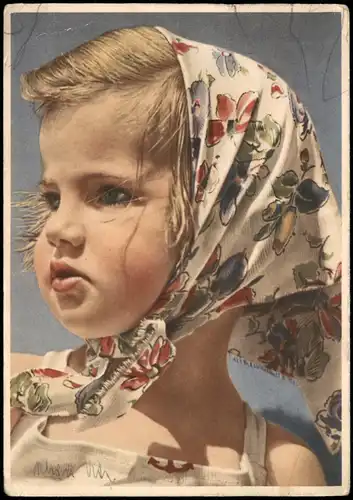 Menschen/Soziales Leben Kinder Mädchen mit Kopftuch und entschlossen Blick 1938