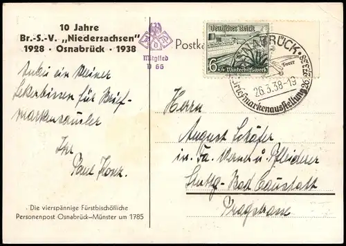 Ansichtskarte Osnabrück 10 Jahre Br.-S.-V. „Niedersachsen" 1938  Sonderstempel