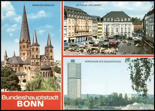 Bonn Mehrbild-AK MÜNSTER BASILIKA RATHAUS UND MARKT BÜROHAUS BUNDESTAGES 1980