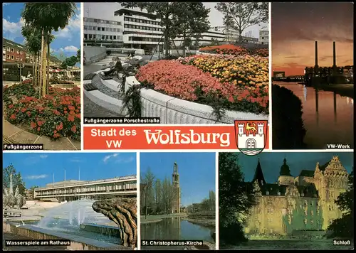 Wolfsburg Mehrbild-AK Stadtteilansichten, VW-Werk, Fußgängerzone uvm. 1988