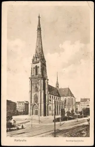 Ansichtskarte Karlsruhe Bernharduskirche - Straße 1920