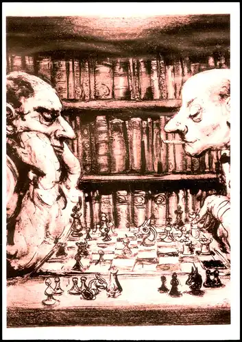Schach Chess - Spiel , Künstlerkarte - Männer beim Spiel vw Fernschach 2011
