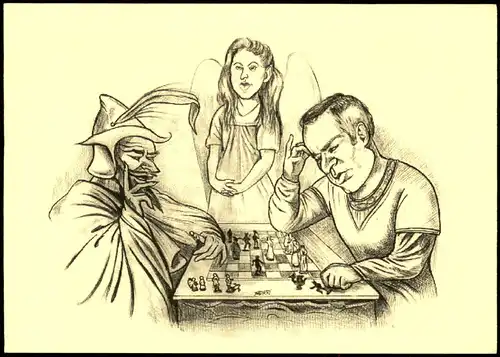 Schach Chess - Spiel, Künstlerkarte Schachspiel Engel vw Fernschach 2007