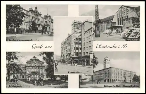 Karlsruhe Mehrbild-AK ua.   Hauptbahnhof Kaiserstraße 1950