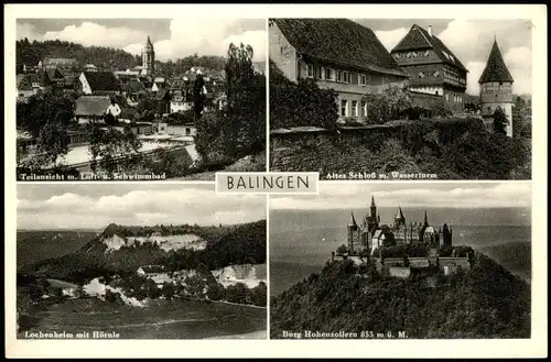 Balingen Mehrbild-AK mit Burg, Schloss Wasserturm Schwimmbad 1958