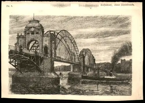 Ansichtskarte Düsseldorf Rheinbrücke, Künstlerkarte Federzeichnung 1912