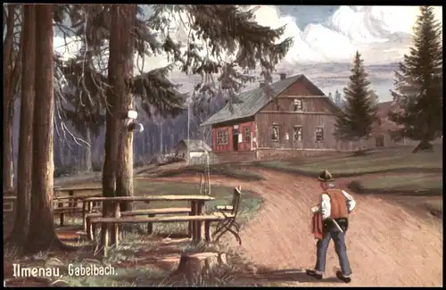 Ansichtskarte Gabelbach-Ilmenau Wanderer am Haus 1912