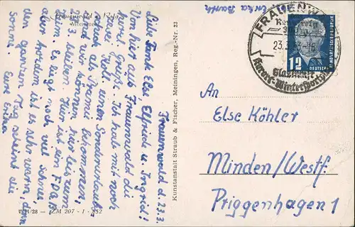 Ansichtskarte Frauenwald Rennsteig Monument, Hirsch-Denkmal 1953   Stempel