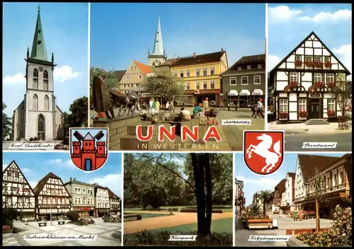 Unna Mehrbildkarte mit Kirche, Markt, Kurpark, Fußgängerzone 1990