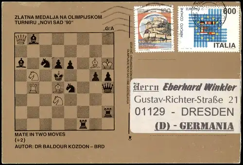 Ansichtskarte  Schach Chess Illustration Schachbrett mit Spielzügen 1994