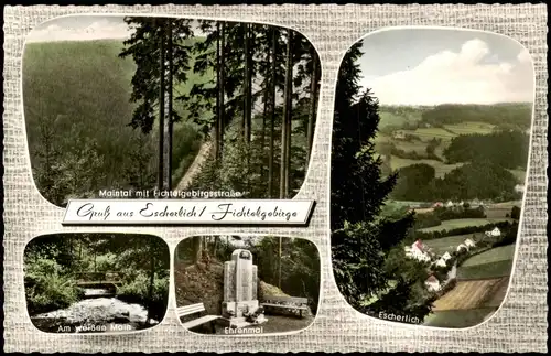 Escherlich Ortsansichten Mehrbildkarte u.a. Ehrenmal, Am Weißen Main 1965