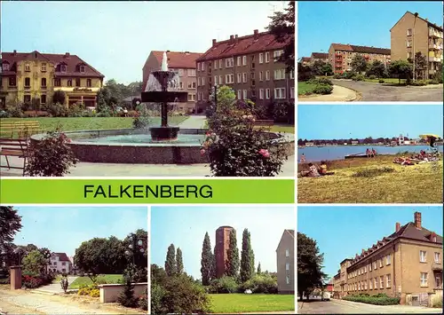 Falkenberg (Elster) Markt, Straße der Völkerfreundschaft, Naherholungsgebiet, Markt mit Rat der Stadt, Wasserturm, Post 1982