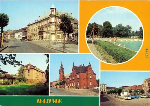 Dahme (Mark) Wilhelm-Pieck-Straße, Freibad, Krankenhaus, Postamt, Rathaus, Ernst-Thälmann-Platz 1982