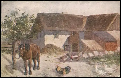 Ansichtskarte  Künstlerkarte: Bauernhof Pferd, Hahn, Katzen 1915