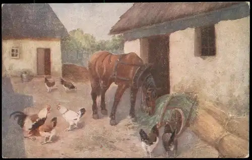 Ansichtskarte  Künstlerkarte: Hof eines Bauern Pferd Hühner 1916
