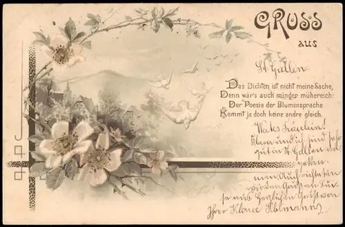 Ansichtskarte  Blumen und Stadt 1899  gel. Stempel St. Gallen