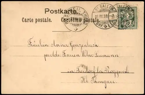 Ansichtskarte  Blumen und Stadt 1899  gel. Stempel St. Gallen