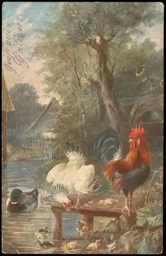 Ansichtskarte  Künstlerkarte: Hahn, Henne Enten und Küken 1915