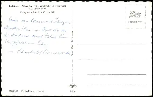 Ansichtskarte Bad Rippoldsau-Schapbach Kriegerdenkmal (v. C. Liebich) 1960