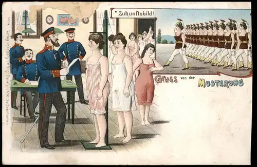 Litho AK Scherzkarte Künstlerkarte Militär Frauen bei der Musterung Zukunft 1907