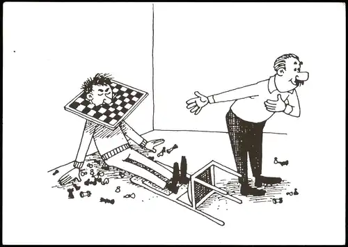 Ansichtskarte  Schach Motivkarte (Chess) Mann schlägt mit Schachbrett zu 1993