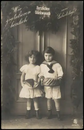 Glückwunsch Geburtstag Birthday Junge und Mädchen mit Kuchen 1913