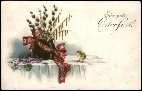 Glückwunsch Ostern / Easter Küken Osterstrauß 1919  gel. Stempel Altenessen