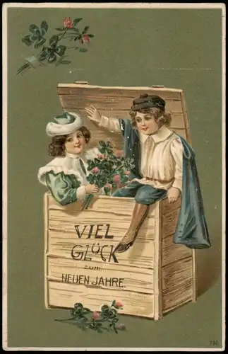 Neujahr Sylvester New Year - Jungen in Holzkiste 1907 Prägekarte