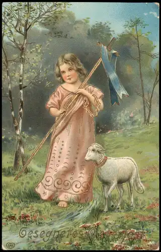 Glückwunsch Ostern / Easter Mädchen und Lamm 1911 Goldrand/Prägekarte