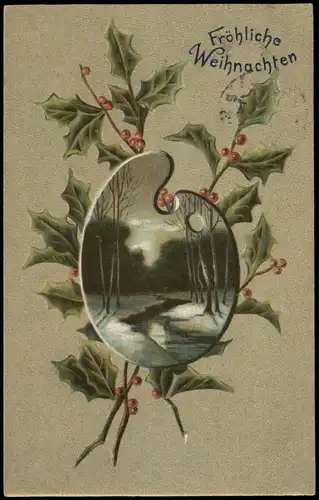 Weihnachten - Christmas Mistelzweige Landschaft Malerpalette 1910 Prägekarte