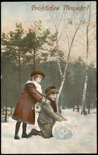 Ansichtskarte  Neujahr Sylvester New Year - Kinder beim Schneemannbau 1908