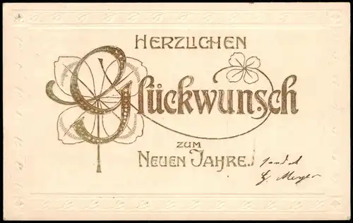 Goldprägekarte Neujahr Sylvester New Year Jugendstil Kleeblätter 1911 Prägekarte