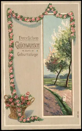 Glückwunsch Geburtstag Birthday Blumen-Girlande Landschaft 1910 Prägekarte