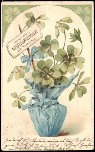 Neujahr Sylvester New Year Topf mit Kleeblättern 1905 Prägekarte