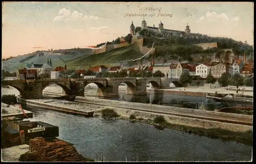 Ansichtskarte Würzburg Mainbrücke mit Fesiung 1917