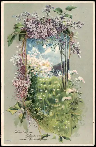 Künstlerkarte - Blick durch Blumen auf Frühlingswiese 1911 Prägekarte