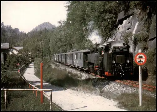 Dampflokomotive mit Personenzug am Straßenübergang im Oybintal 1989