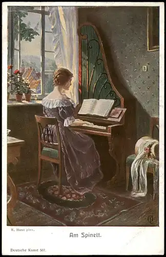 Künstlerkarte (Gemälde Kunstwerke) E. Horst pinx: Frau Am Spinett 1910