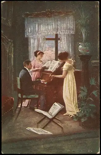 Künstlerkarte (Gemälde Kunstwerke) Familie beim Musizieren "Terzetto" 1920