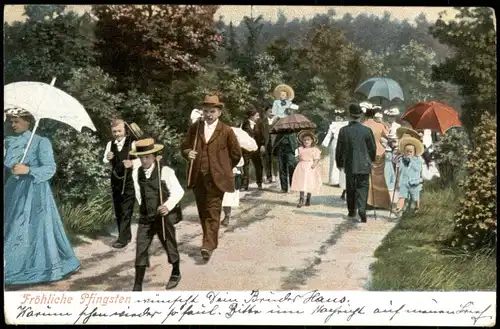 Glückwunsch Fröhliche Pfingsten; Feine Gesellschaft beim Spaziergang 1900