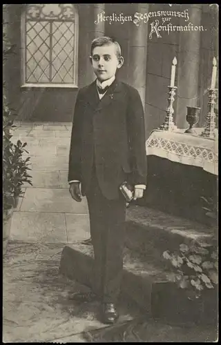 Ansichtskarte  Glückwunsch - Konfirmation, Junge vor Altar 1913