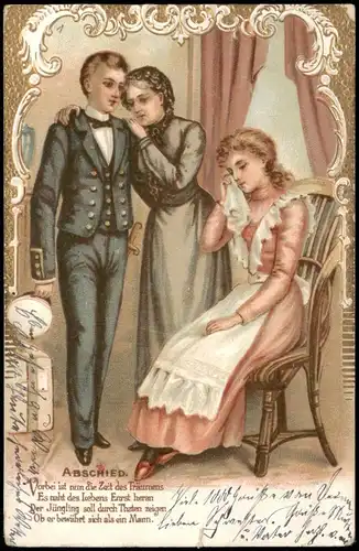 Ansichtskarte  Künstlerkarte Abschied Frauen verabschieden Jungen 1907