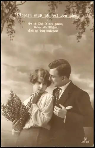 Morgen muß ich fort von hier! Liebe Liebespaare Love 1928  gel. Bahnpoststempel