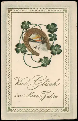 Neujahr Sylvester New Year Hufeisen, Kleeblatt - Rehe 1913 Prägekarte
