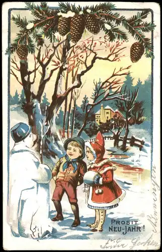 Neujahr Sylvester New Year Schneemann, Kinder Künstlerkarte 1911