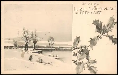 Ansichtskarte  Neujahr Sylvester New Year Winterlandschaft Mistelzweige 1907