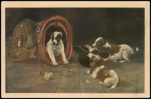 Ansichtskarte Tiere Hunde, Welpen spielen mit Hutkoffer 1914 Bahnpoststempel