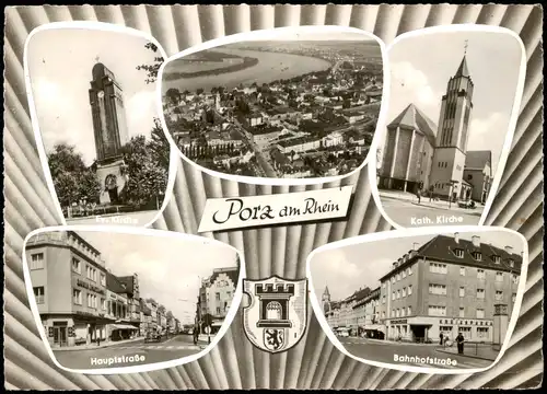 Porz-Köln Mehrbild-AK mit Kirchen, Bahnhofstraße, Hauptstraße, Luftbild 1964