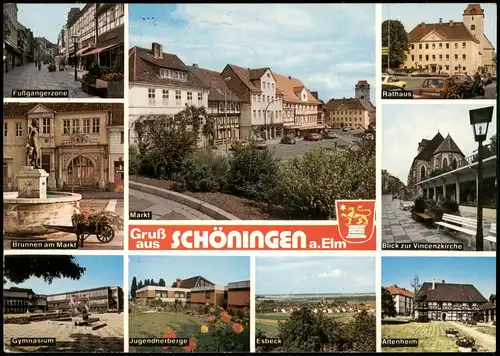 Schöningen (Elm) Mehrbild-AK Ortsansichten, Fußgängerzone, Gymnasium 1982/1980