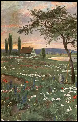 Künstlerkarte Natur Stimmungsbild Blumenwiese vor der Stadt 1913